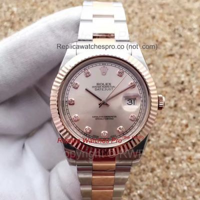 Copy Rolex Datejust II Oyster 41MM 2-Tone Rose Gold Diamond Markers Fluted Bezel Rose Gold Dial Watch